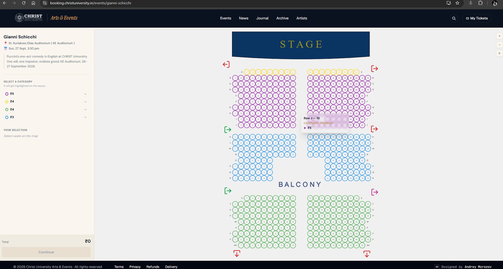 The seat map of the auditorium with price categories on the left.