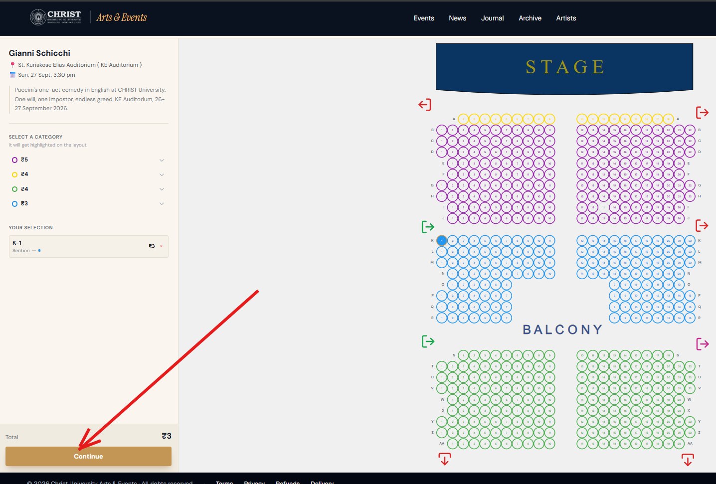 A seat selected, shown in the left column, with the Continue button marked.