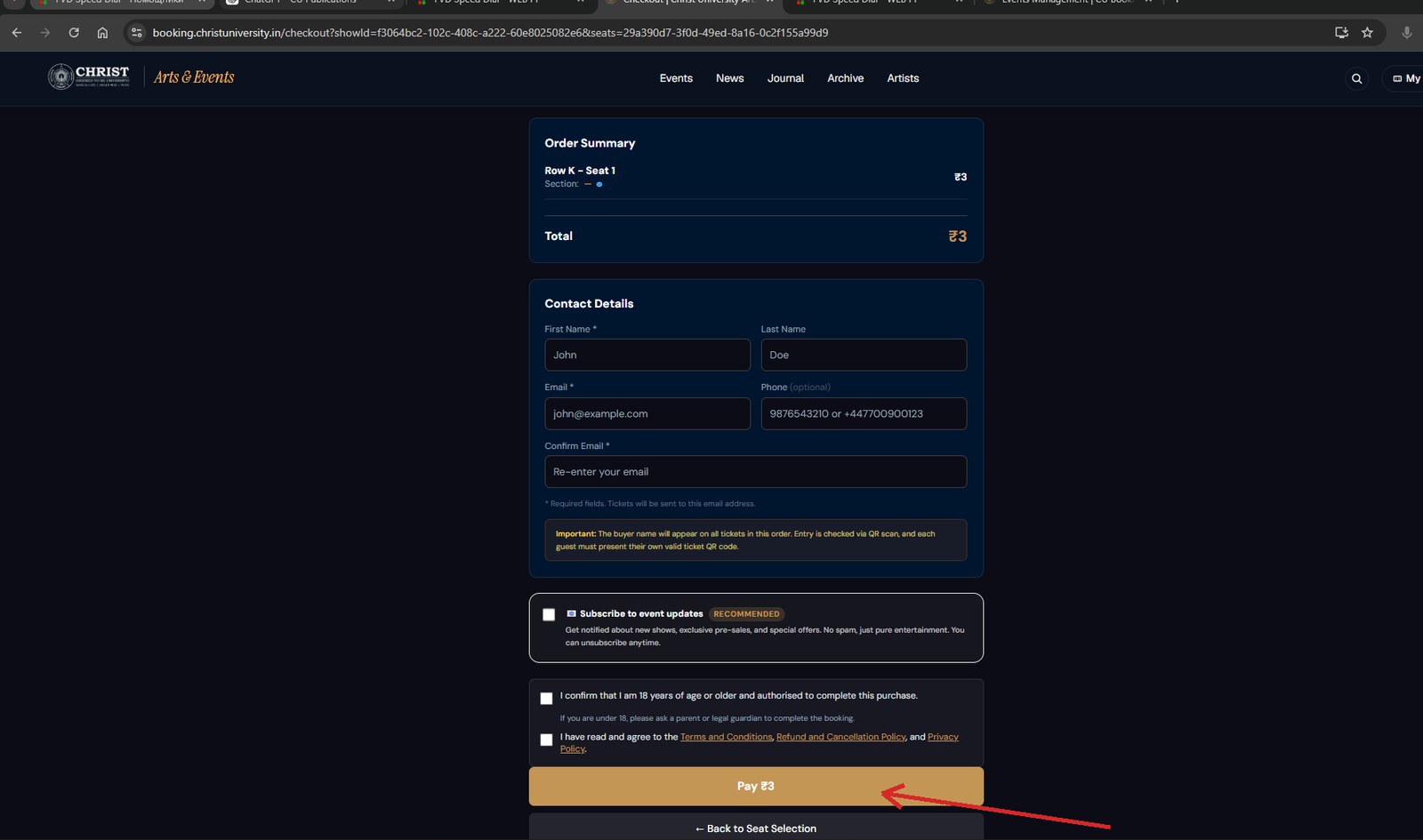 The checkout form with empty contact fields and the payment button marked.