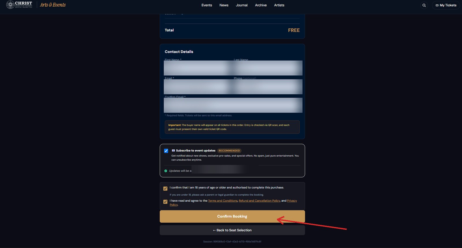 The completed checkout form with personal details masked and the confirm button marked.
