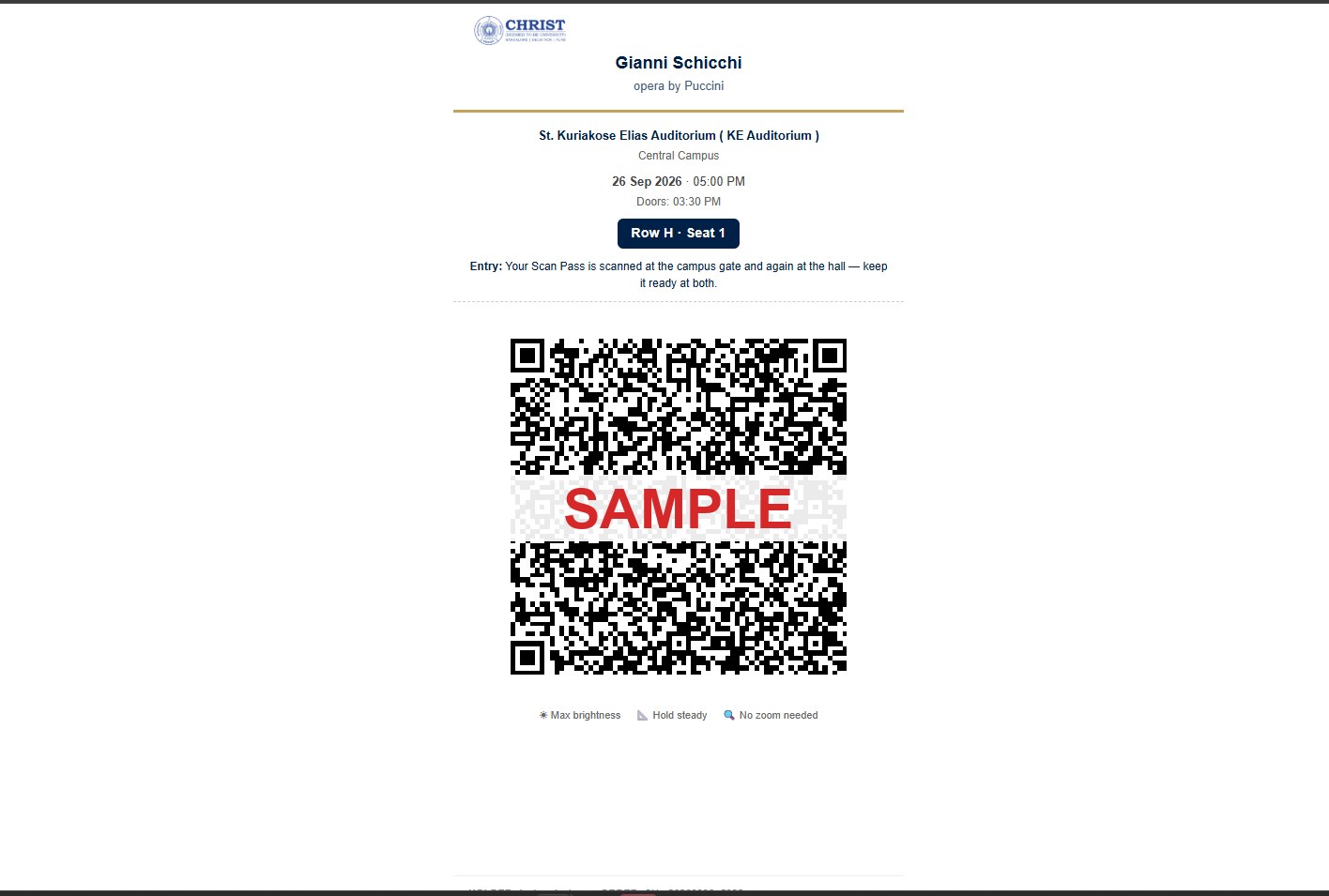 A sample Scan Pass showing seat details and a QR code marked SAMPLE.