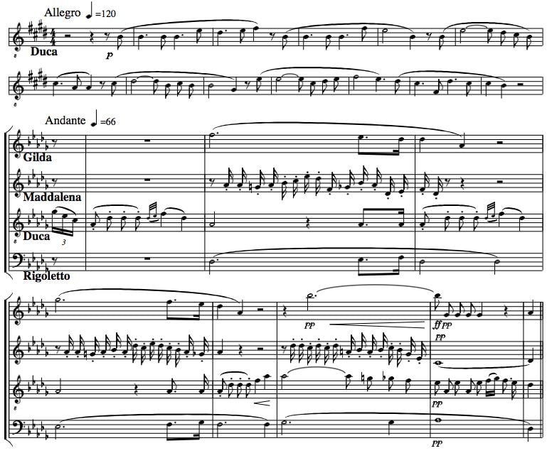 Score page of the Rigoletto quartet “Bella figlia dell’amore”: four vocal staves over one bar line.