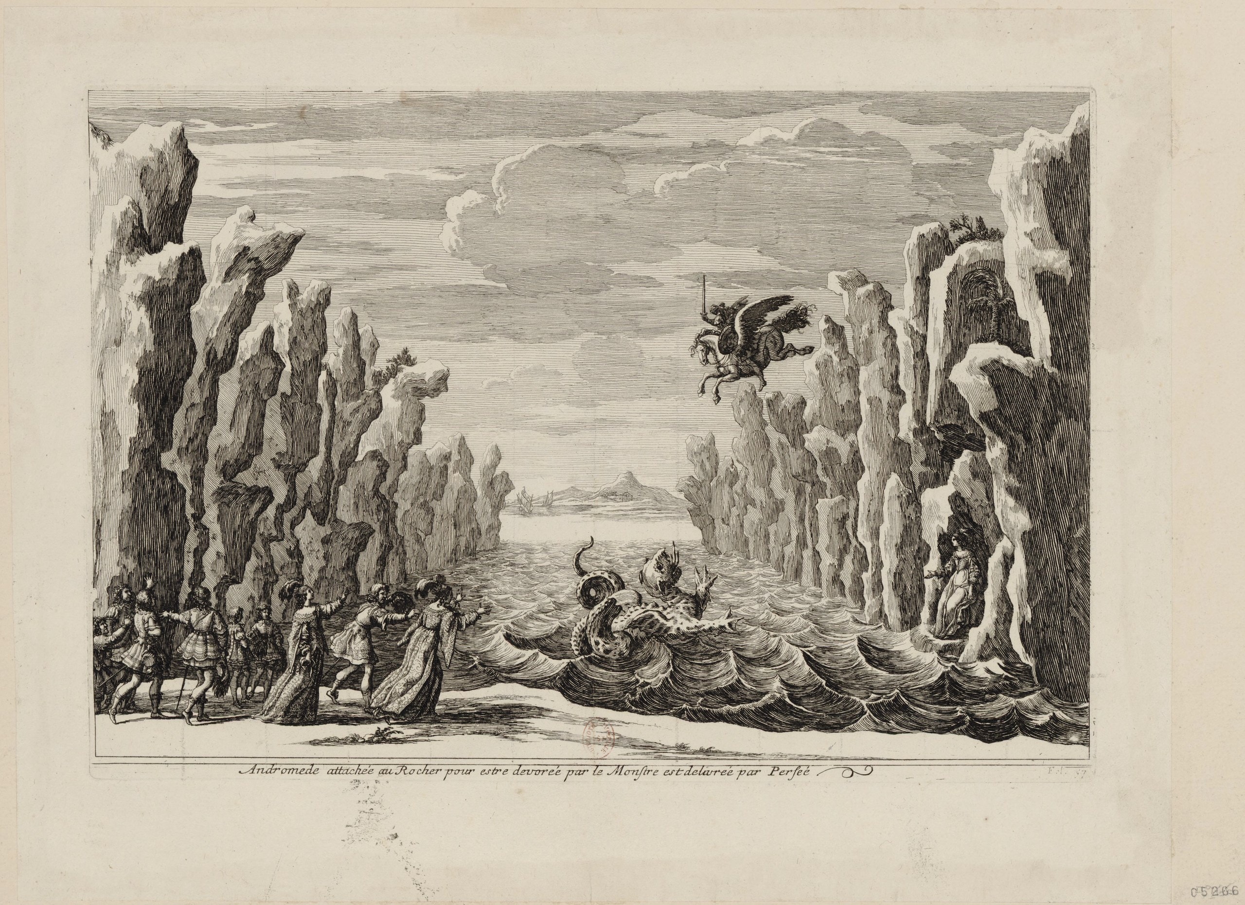 Seventeenth-century engraving of a stage set for Corneille’s Andromède: a flying machine descends over the sea amid full baroque scenery.