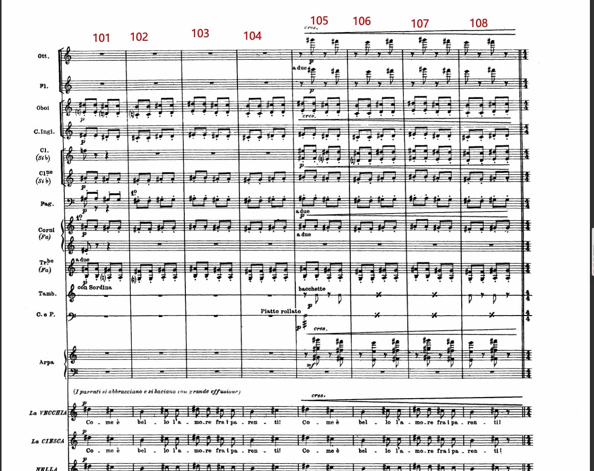 Printed page of the orchestral score of Gianni Schicchi, marked with large red bar numbers 101 to 108.