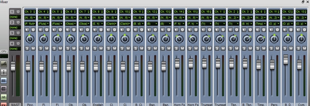 The mixer beneath the score: a channel strip for every orchestral instrument, from piccolo to cymbals.