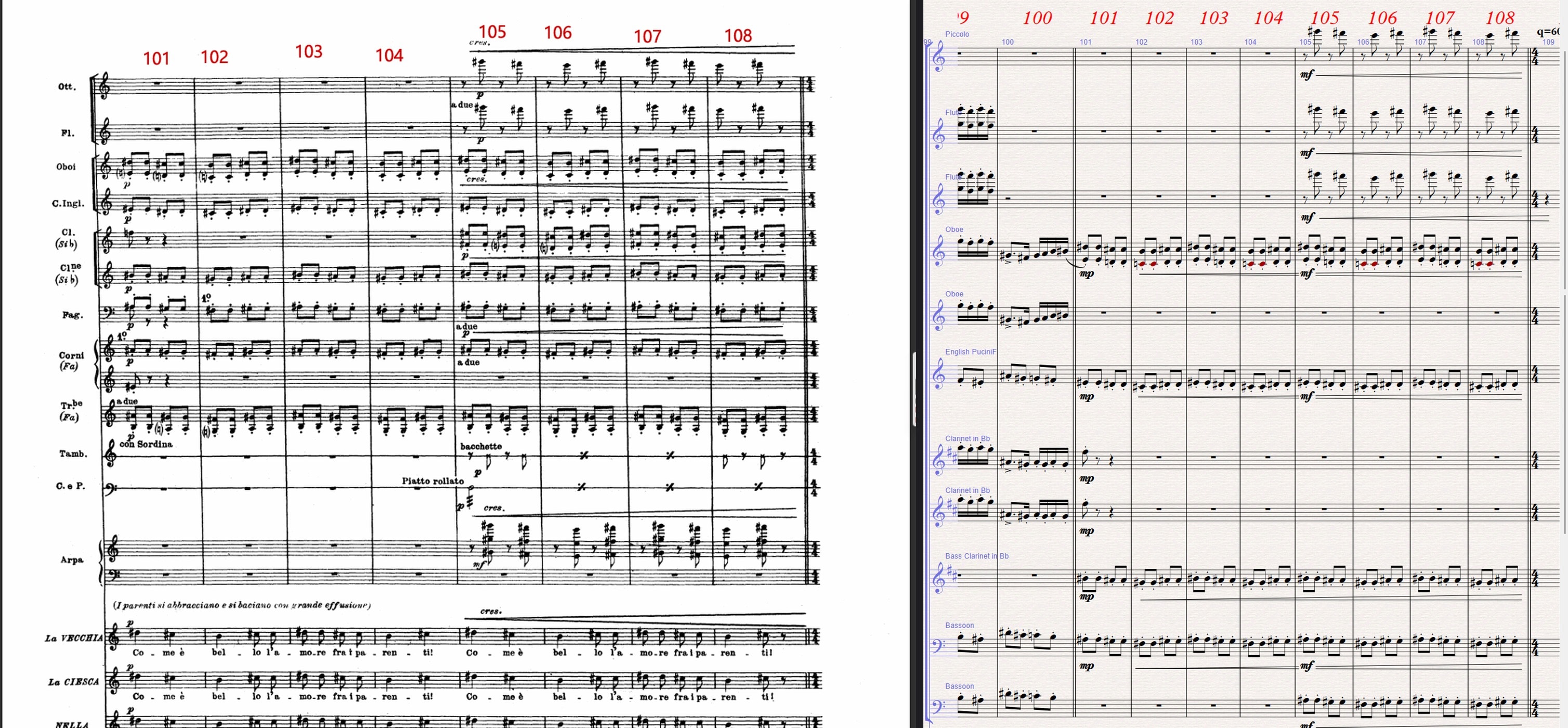 Side by side: the printed orchestral score and the same bars of the same aria entered in music notation software, both marked with matching red bar numbers.
