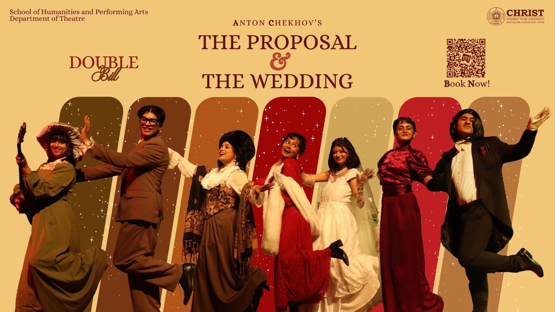 Poster for the Double Bill of Anton Chekhov’s The Proposal and The Wedding, with the cast in costume