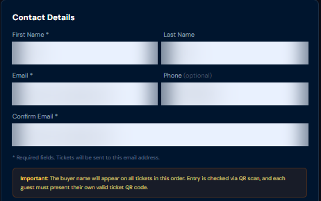 The contact details form at checkout: first and last name, email, phone and a confirmation of the email address.