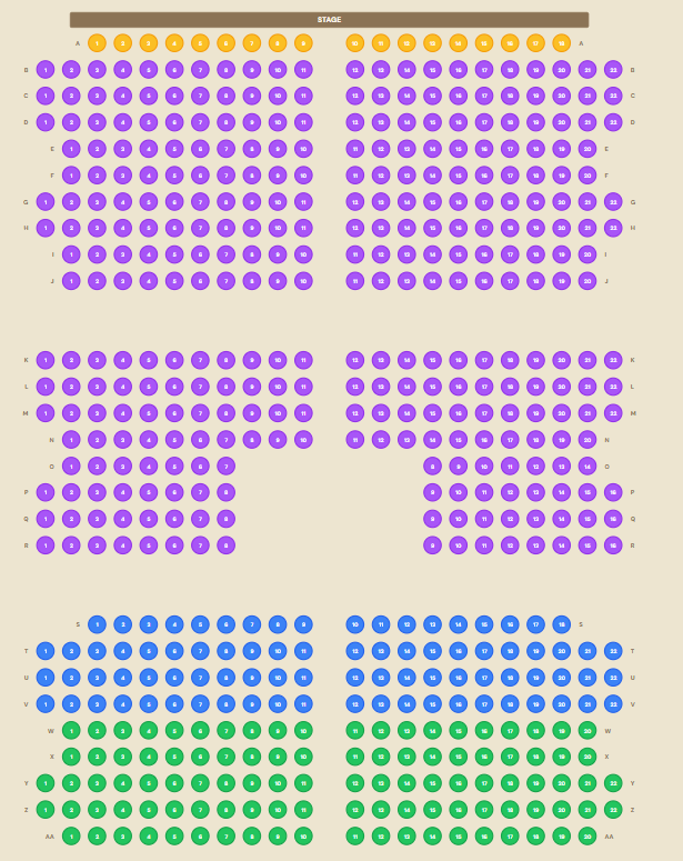 The hall map of the KE Auditorium: rows A to AA in three blocks, each seat a numbered circle coloured by price band, with the stage across the top.
