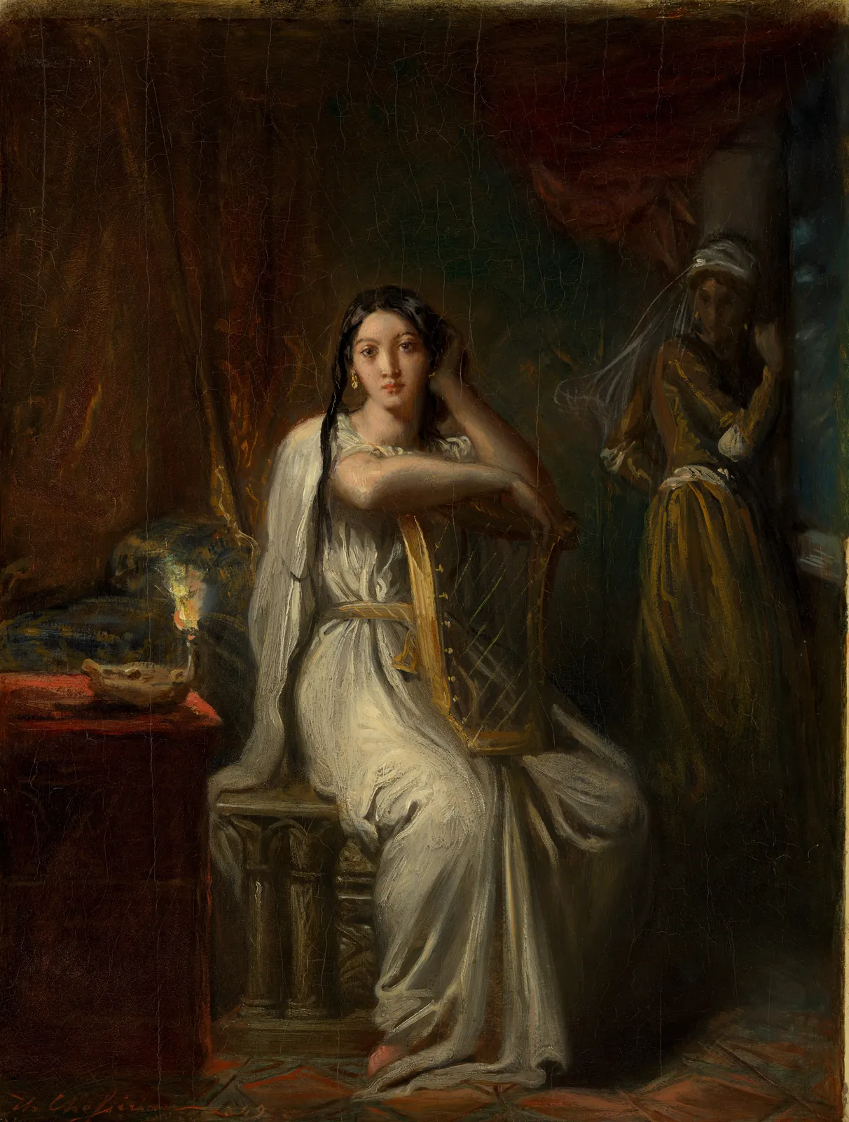 Painting: Desdemona seated with a harp beside an oil lamp, a second woman standing in the shadows behind her.
