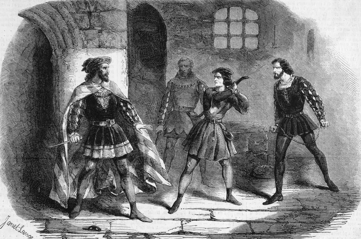 Engraving: in a stone dungeon, a man with a dagger is stopped by a young figure in a doublet, while a prisoner in chains looks on.